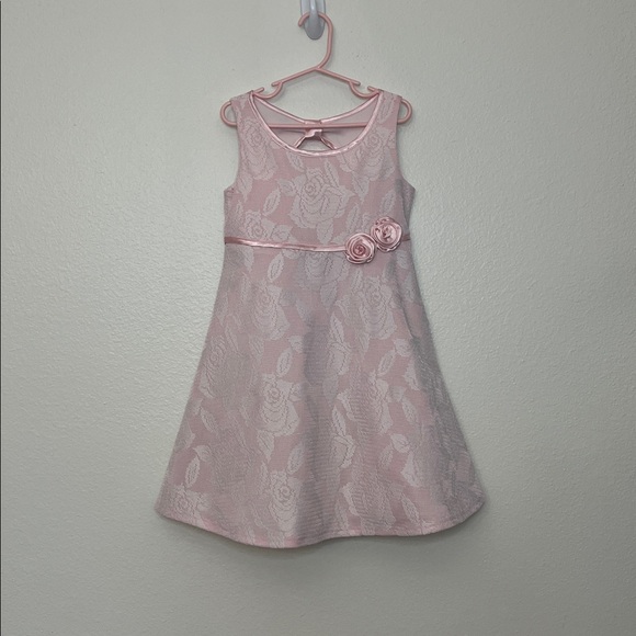 Bonnie Jean Ice Pink Bold Roses A-line Dress Sz 7 and My Michelle blue Pom Pom - Picture 1 of 17